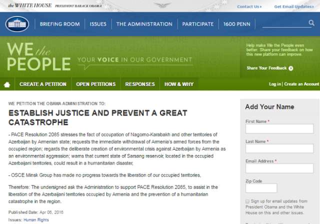 Azerbaijan launches White House petition to stop Karabakh occupation